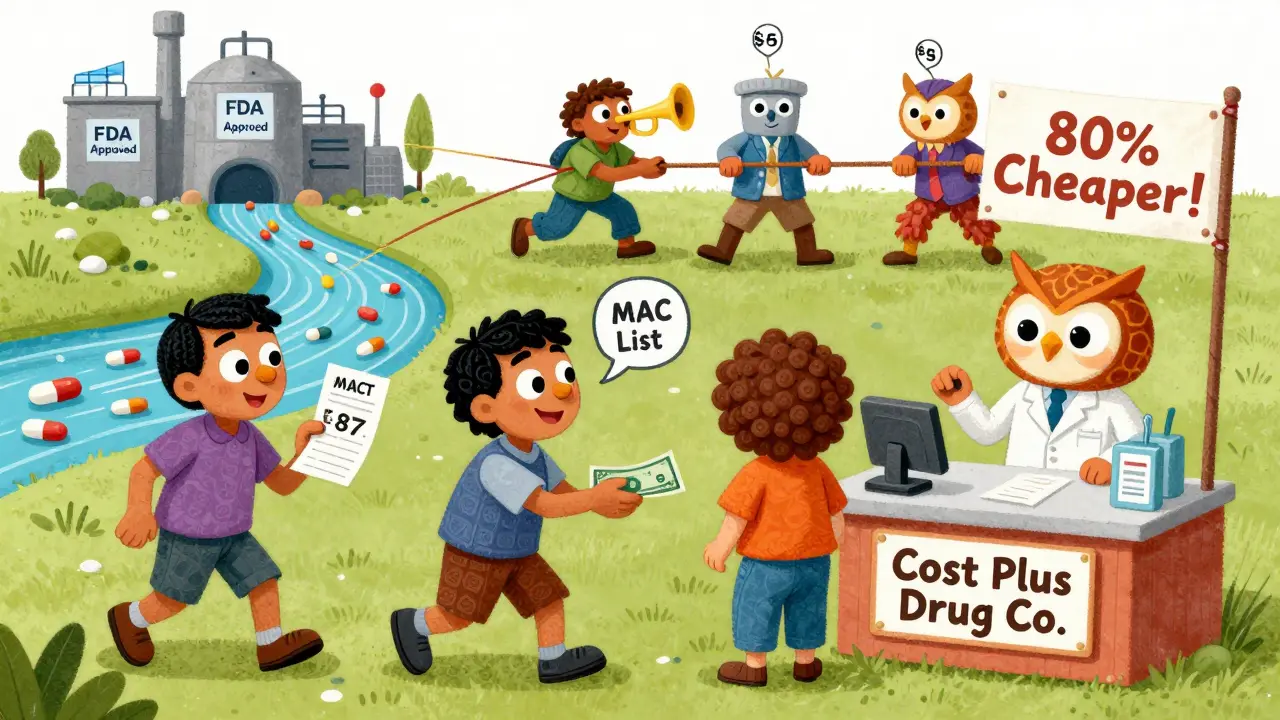 Two patients: one overcharged by a PBM spirit, the other paying  cash at a friendly owl-pharmacist stall.