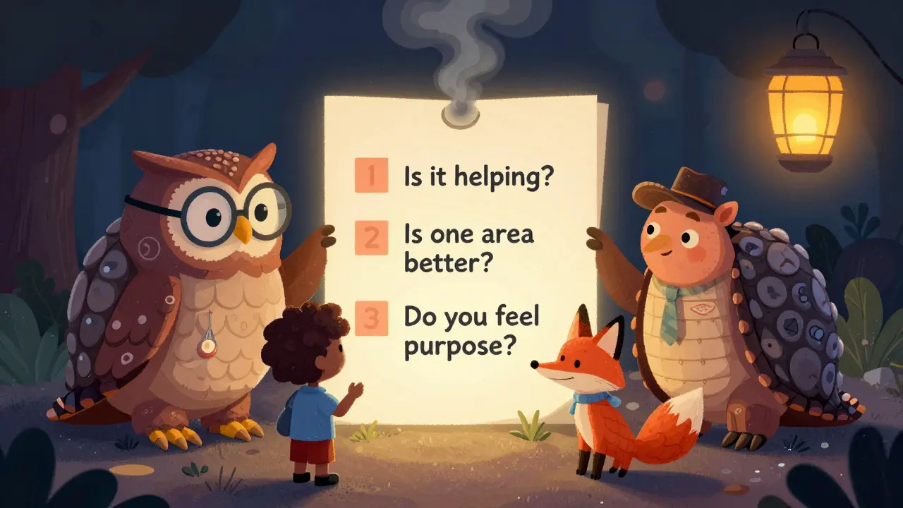 A family of fantastical creatures gathered around a glowing checklist with three key questions about medication effects, illustrating monitoring protocols.