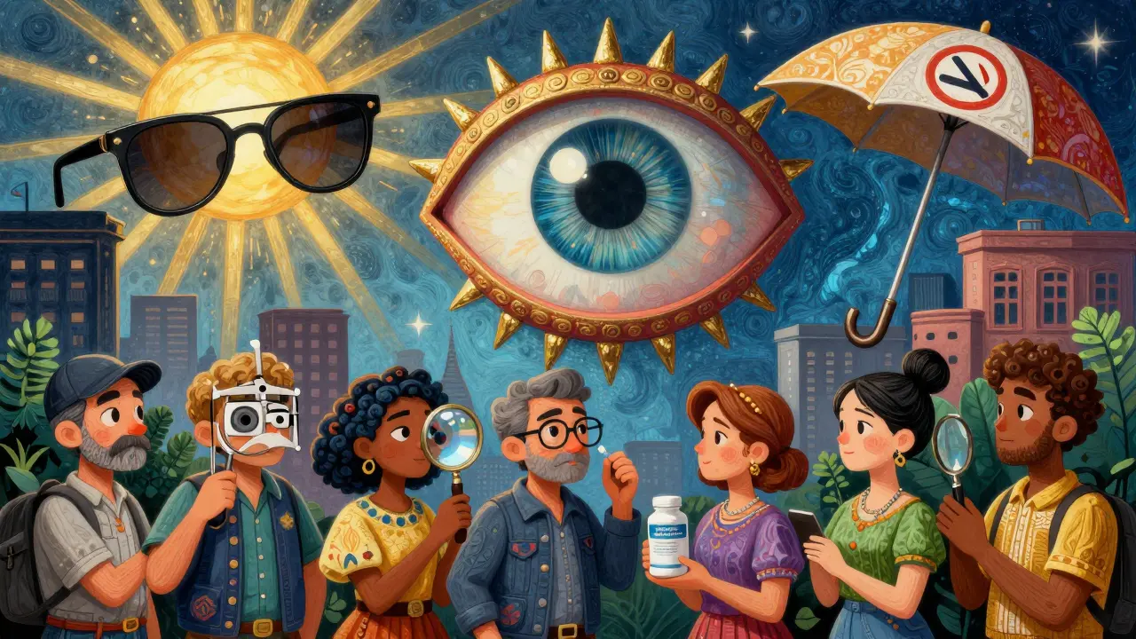 A giant eye above a city of eyewear, with people lining up for eye exams, all depicted in intricate Alebrije-inspired colors and patterns.