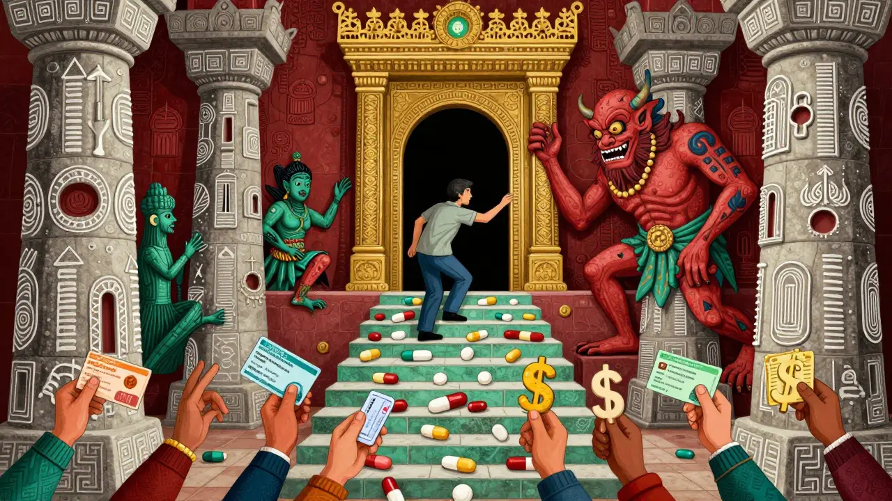 A liver temple with IBAT inhibitor pillars, a patient climbing pill stairs toward a golden gate guarded by an autotaxin demon, hands reaching with insurance cards below.