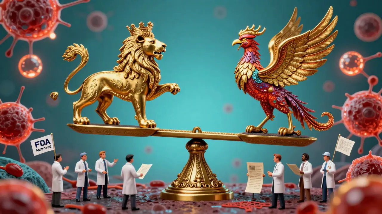 A mythical scale balancing a lion-shaped brand drug and a phoenix-shaped biosimilar, with tiny figures holding state laws below.