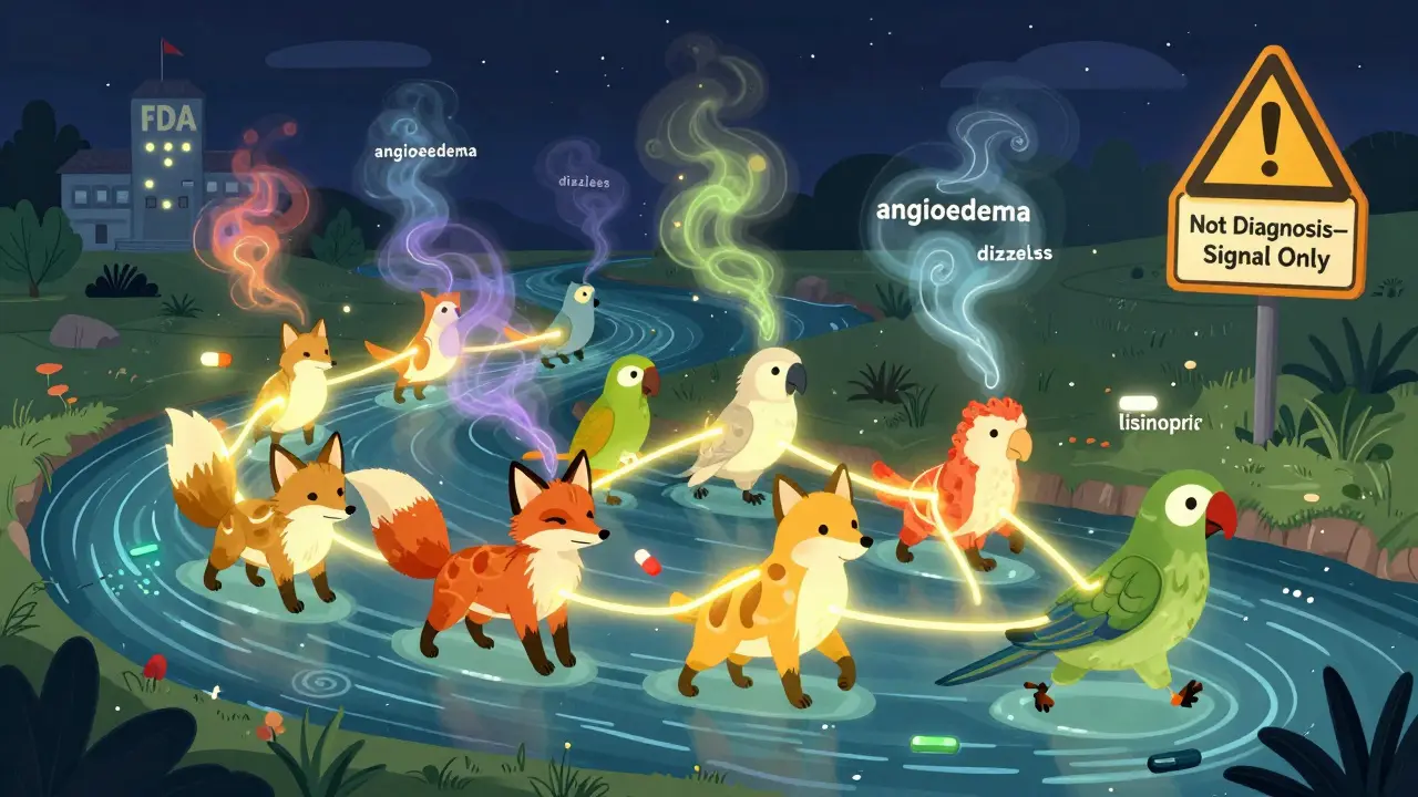 A network of animal-like drug symbols traveling along a data river, with side effects as mist above them and a caution sign in the distance.