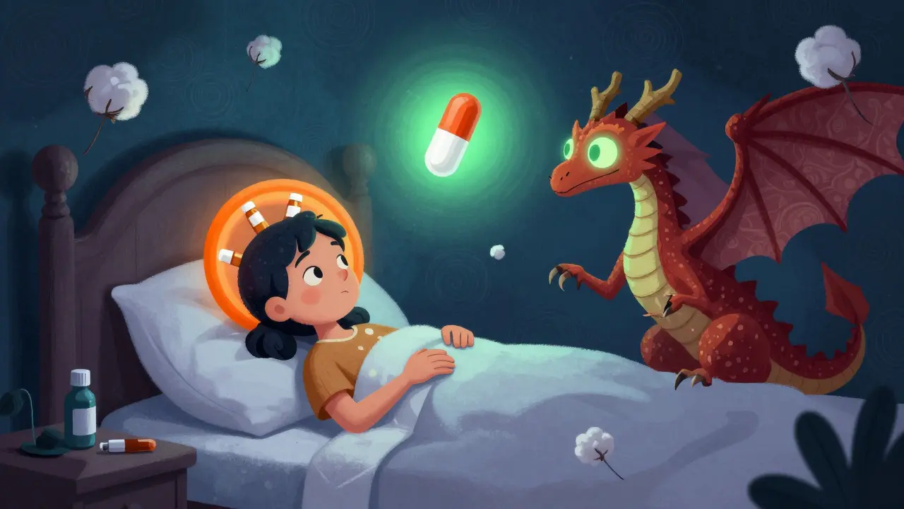 A patient at night surrounded by mythological creatures representing rifampin, naltrexone, and maralixibat, with bile patterns on the walls and cotton sheets fluttering.