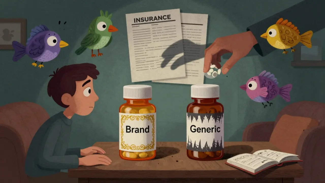 A patient facing two pill bottles, shadowy hands swapping them, with emotional spirits floating in the air.