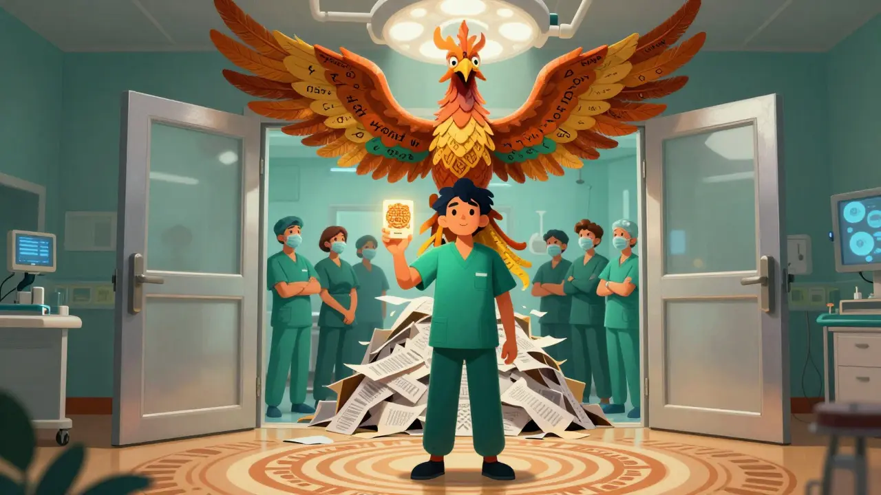 A patient holds a glowing medical alert card as a phoenix rises from discarded paperwork, symbolizing safe surgery through communication.