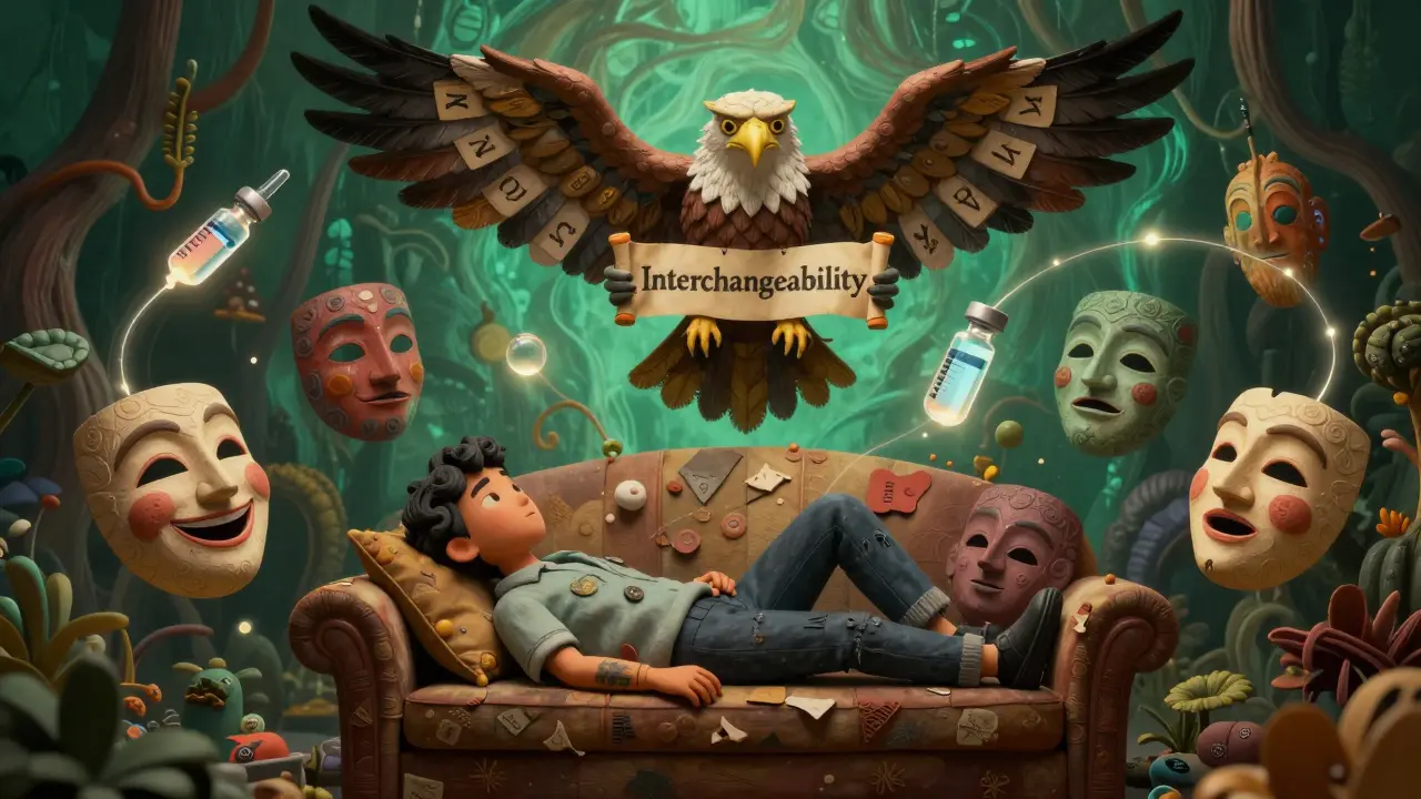 A patient surrounded by state-themed masks, while a multi-headed eagle holds an interchangeability scroll above glowing drug molecules.
