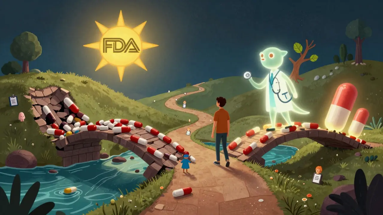 A person walking a careful path between collapsing and rising bridges of pills, guided by a healing alebrije guardian.