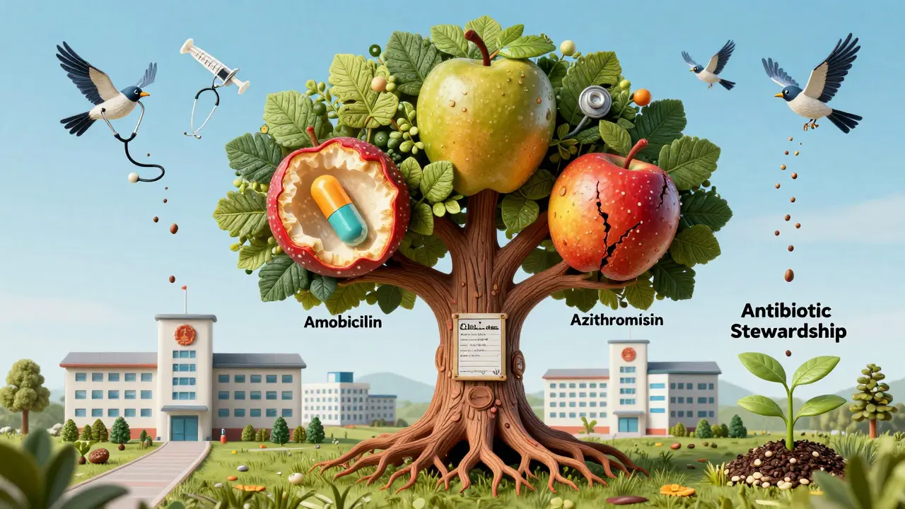 A surreal tree of antibiotics with a glowing penicillin fruit, symbolizing better antibiotic use in Alebrije style.
