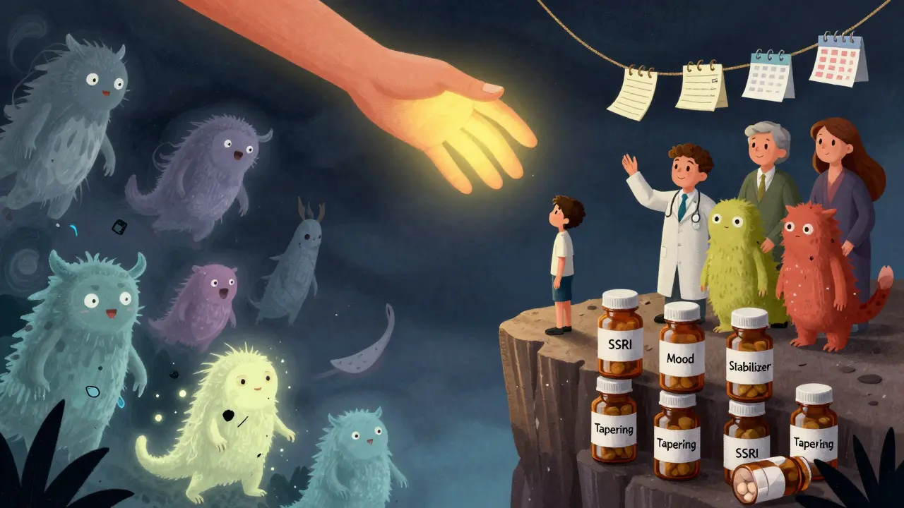 A teen at a cliff of medication bottles as spirit animals swirl below, while a team of connected creatures reaches out with a rope of notes and calendars.