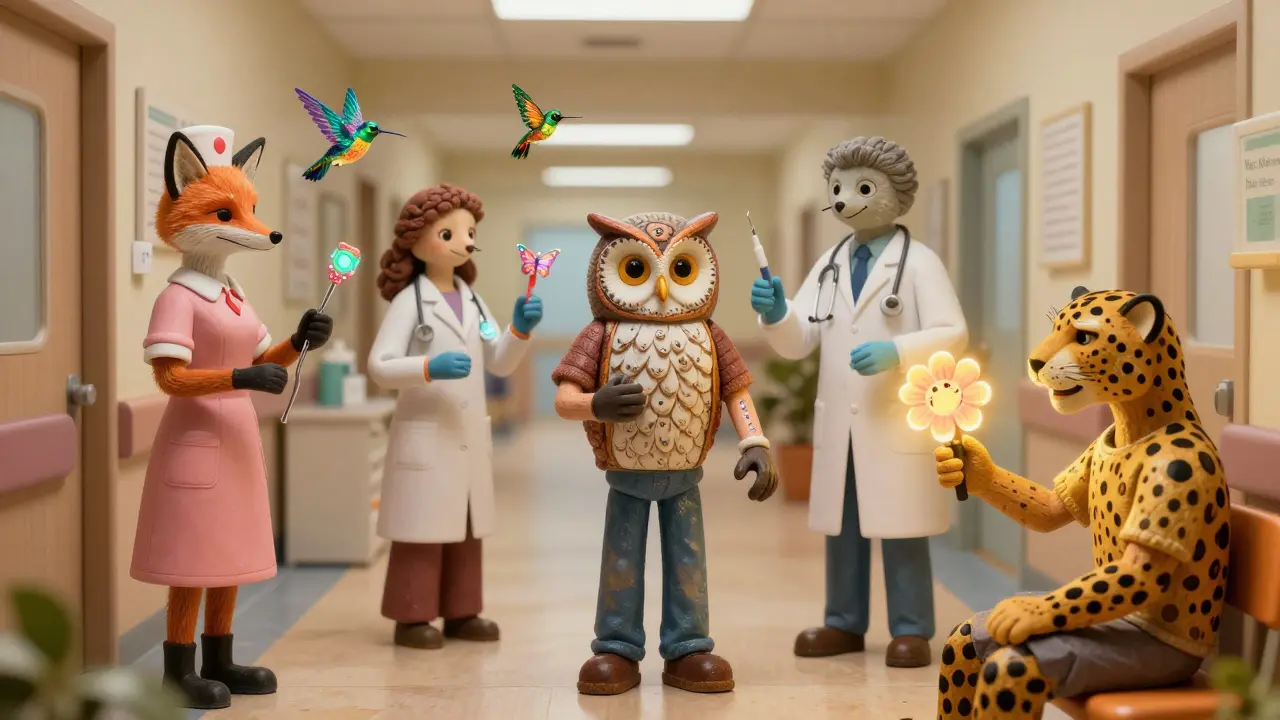 Medical professionals performing a penicillin test with magical tools as a radiant result blooms on a patient's arm.