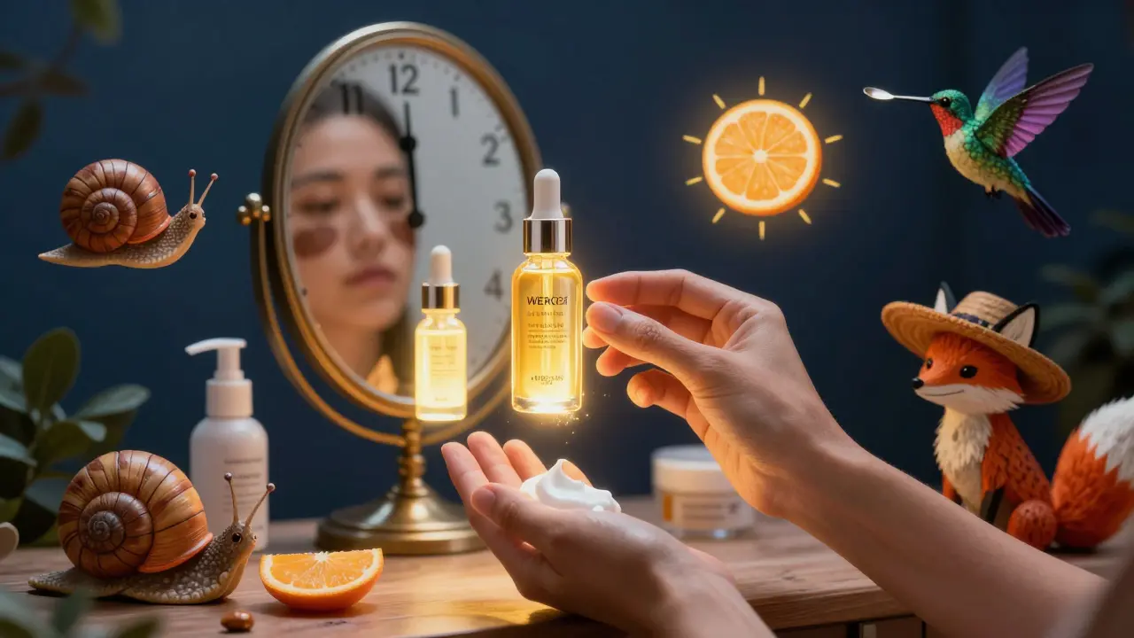 Nighttime skincare ritual with glowing serums and alebrije animals guarding sun protection and patience.