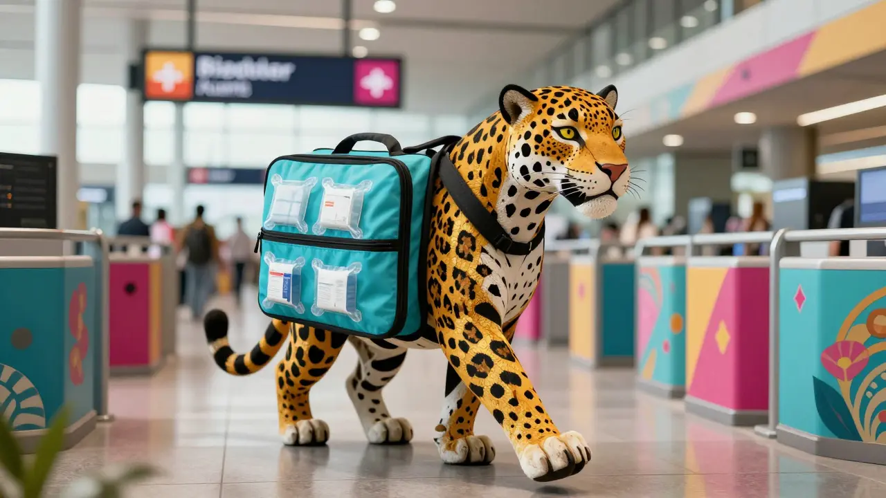 Protective jaguar guardian carrying an insulated medical pouch.