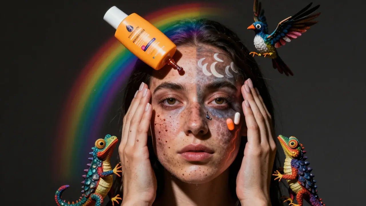 Split portrait of sun damage and melasma, protected by a magical sunscreen shield and folk-inspired spirit creatures.
