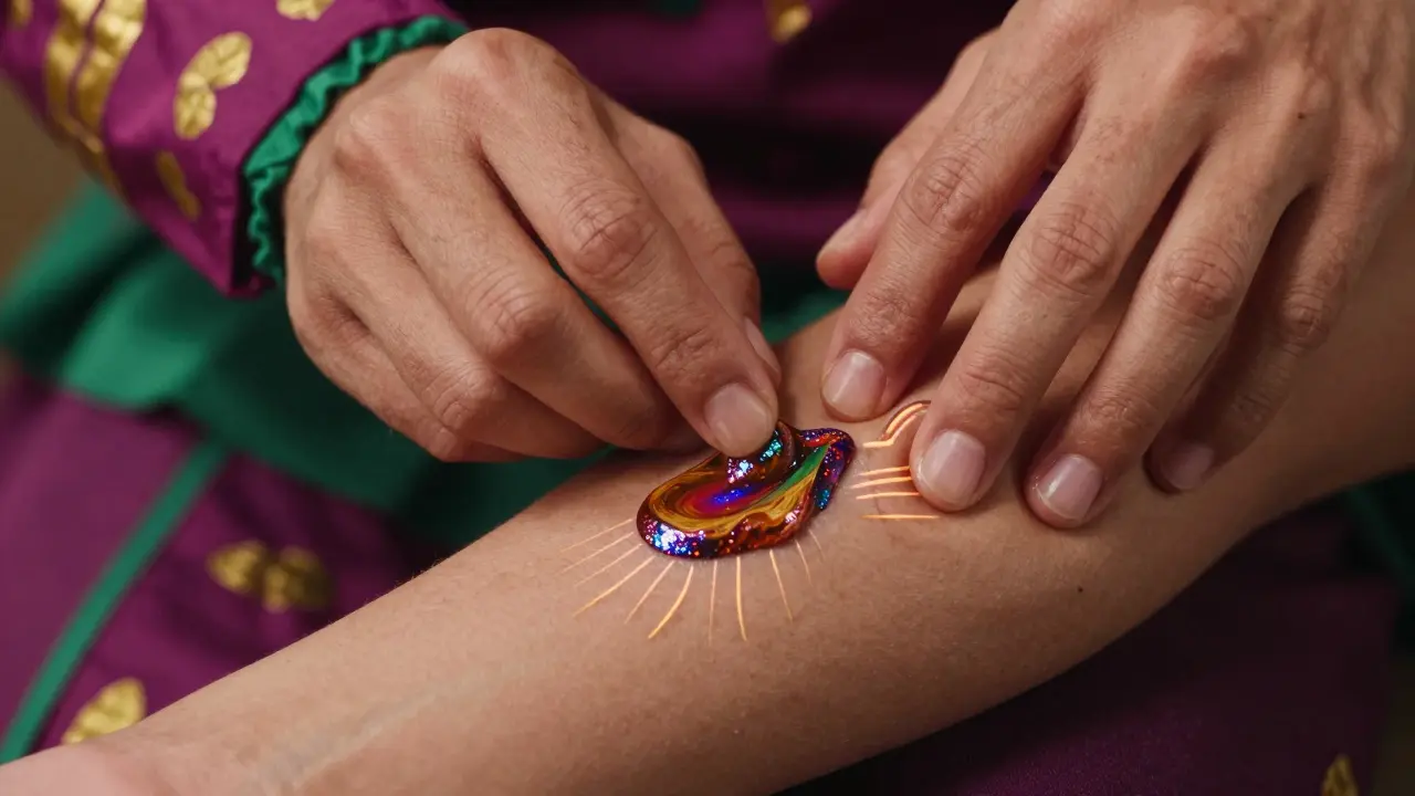 Stylized hands applying cream safely on intact skin with glowing absorption.