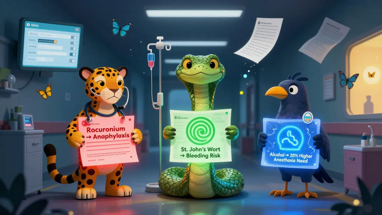 Three magical alebrije guardians carry patient drug history symbols through a surreal hospital hallway filled with floating medical forms.