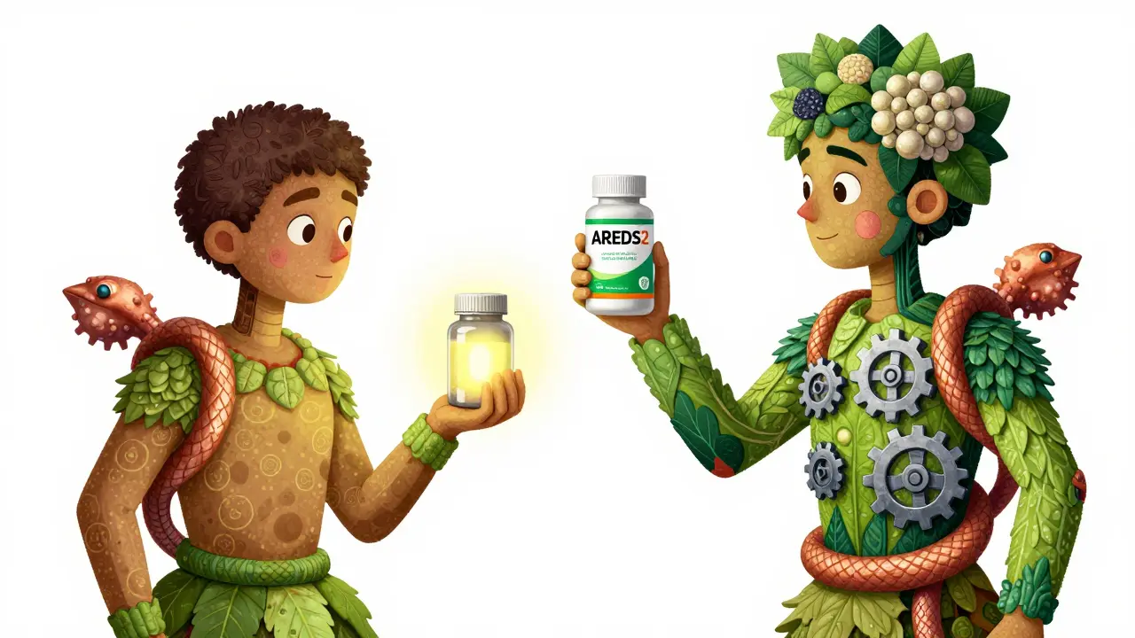Two figures with different eye conditions: one ignoring supplements, another taking the correct AREDS2 formula, surrounded by leafy and zinc elements in Alebrije style.