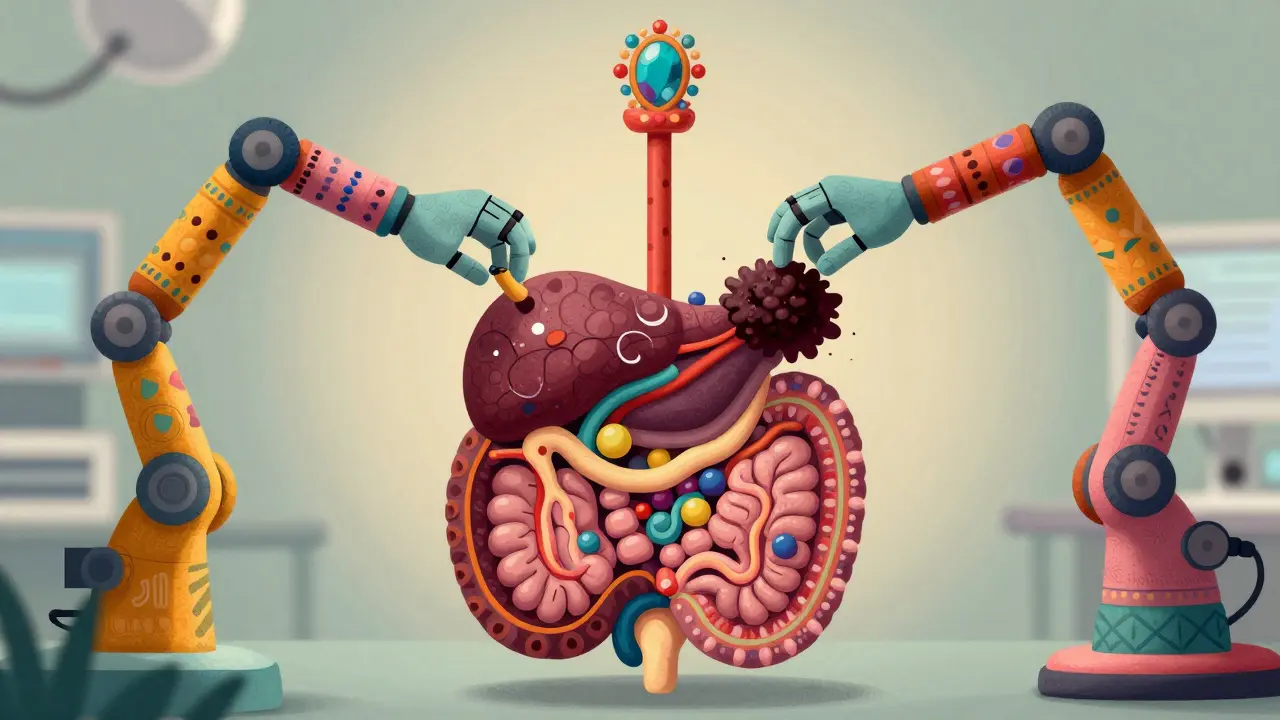 Whimsical Alebrije art showing surgical tools near body anatomy.