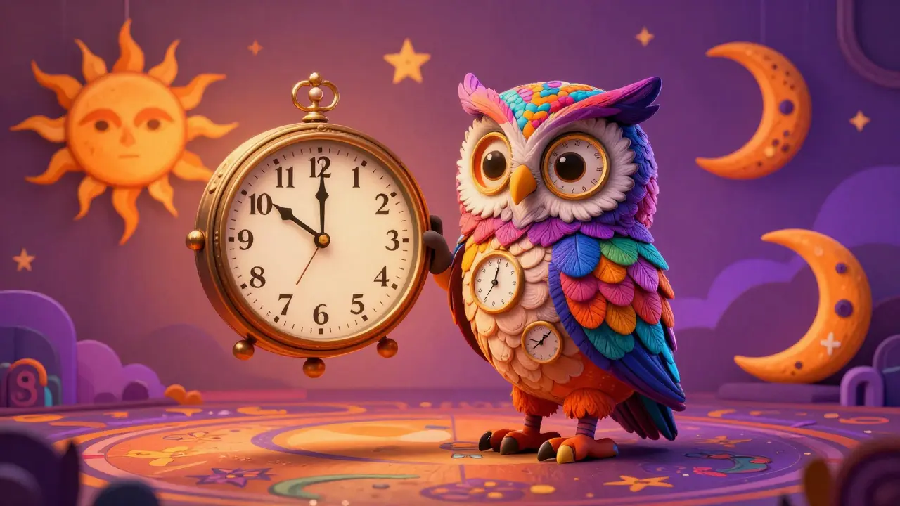 Whimsical owl creature adjusting a clock for time zone changes.