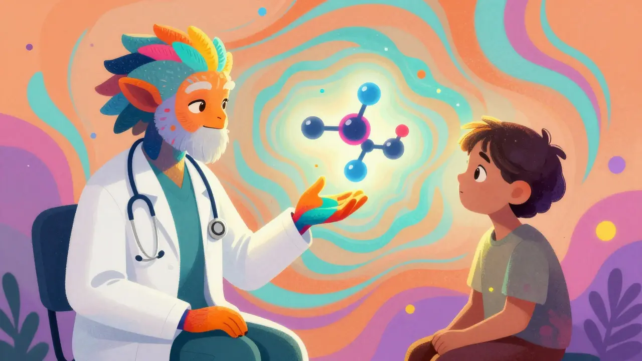 A colorful Alebrije doctor explaining drug bioequivalence to a patient through a glowing molecular model.