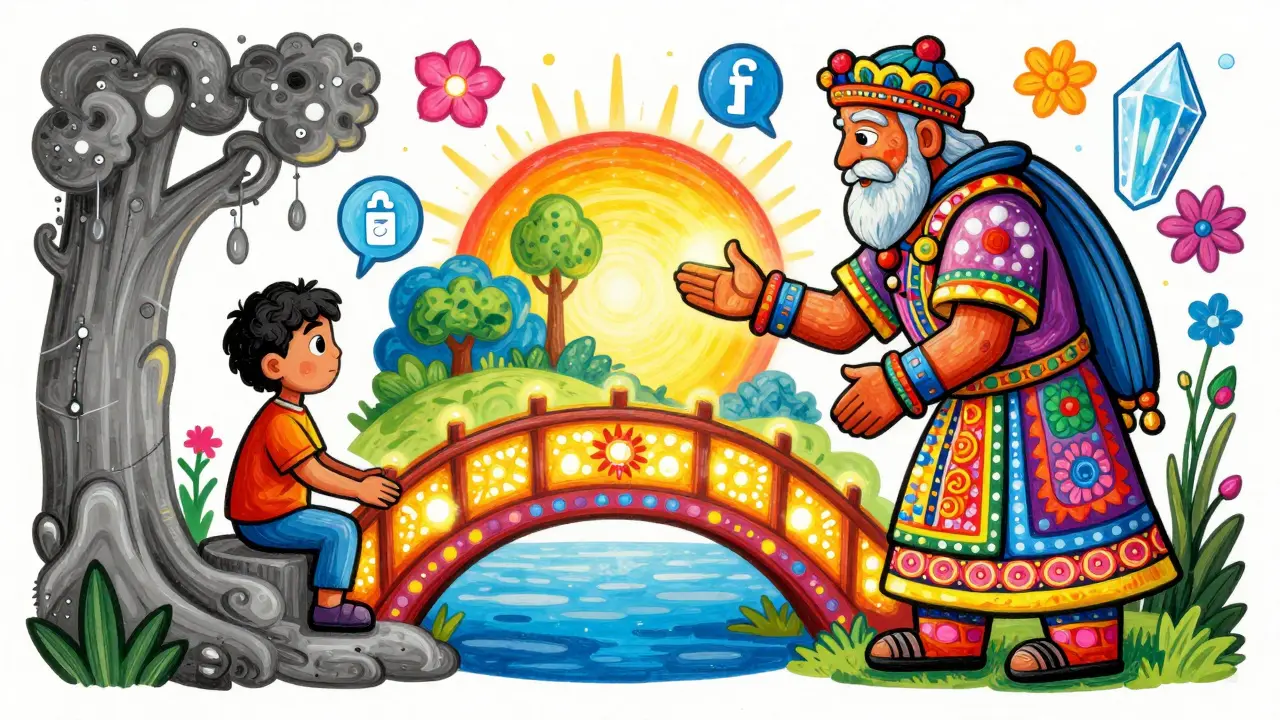 A colorful Alebrije provider guiding a patient across a bridge of light toward health confidence.