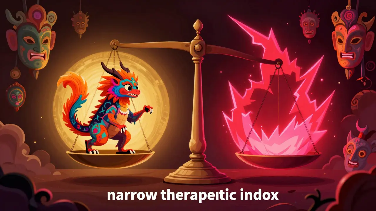 A fantastical Alebrije scale tipping from a golden safe zone into a red toxicity zone