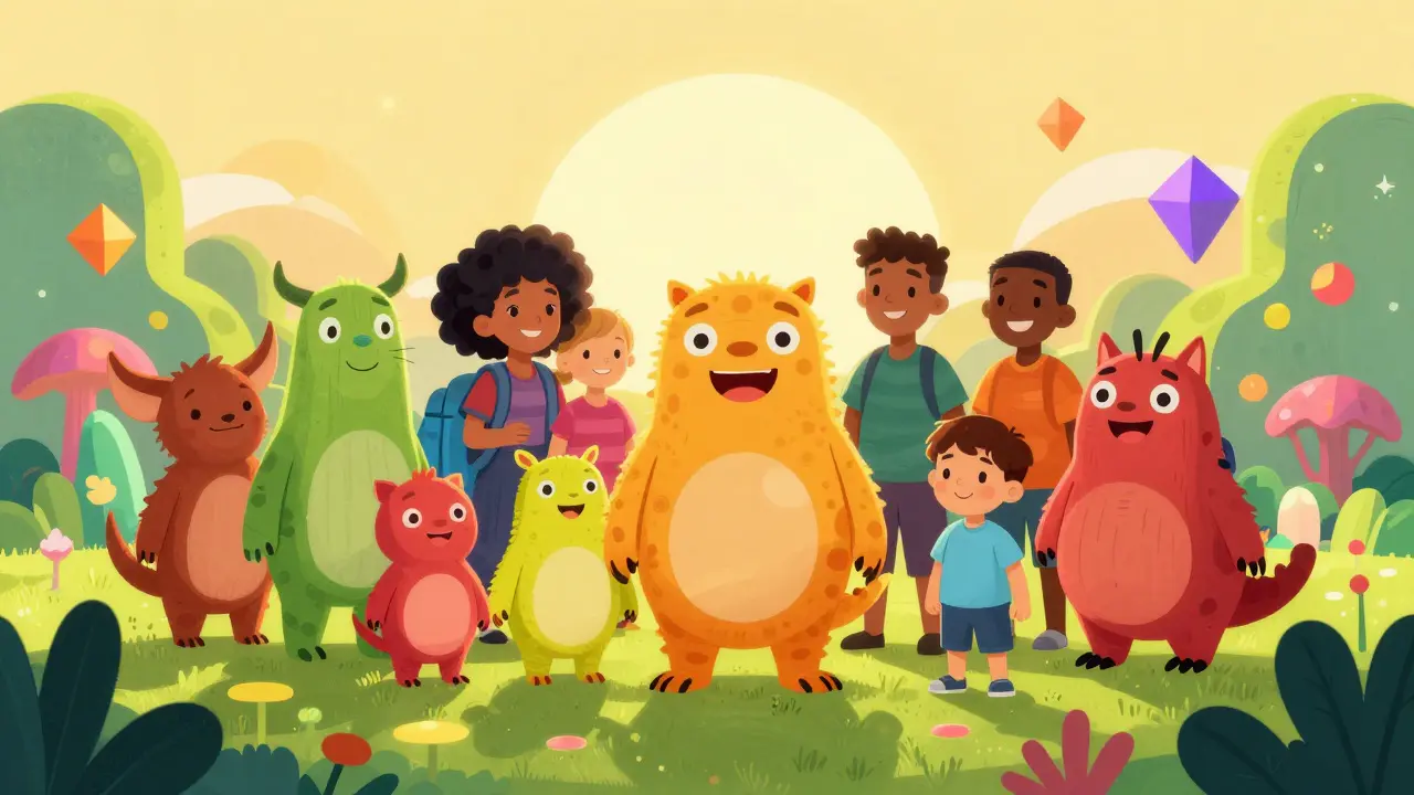 A group of healthy, multi-colored Alebrije creatures in a surreal landscape symbolizing successful healthcare.