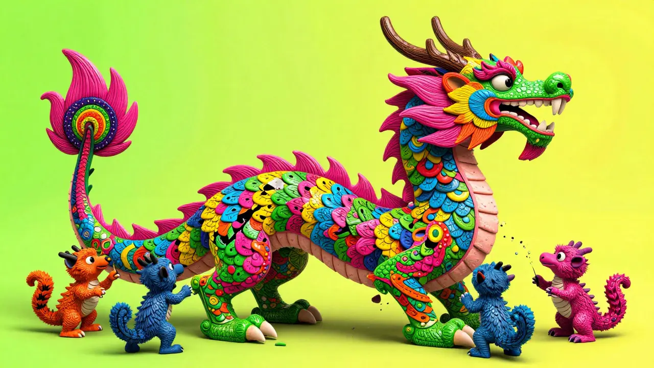 A patterned Alebrije dragon adding colorful scales to its body in a surreal landscape.