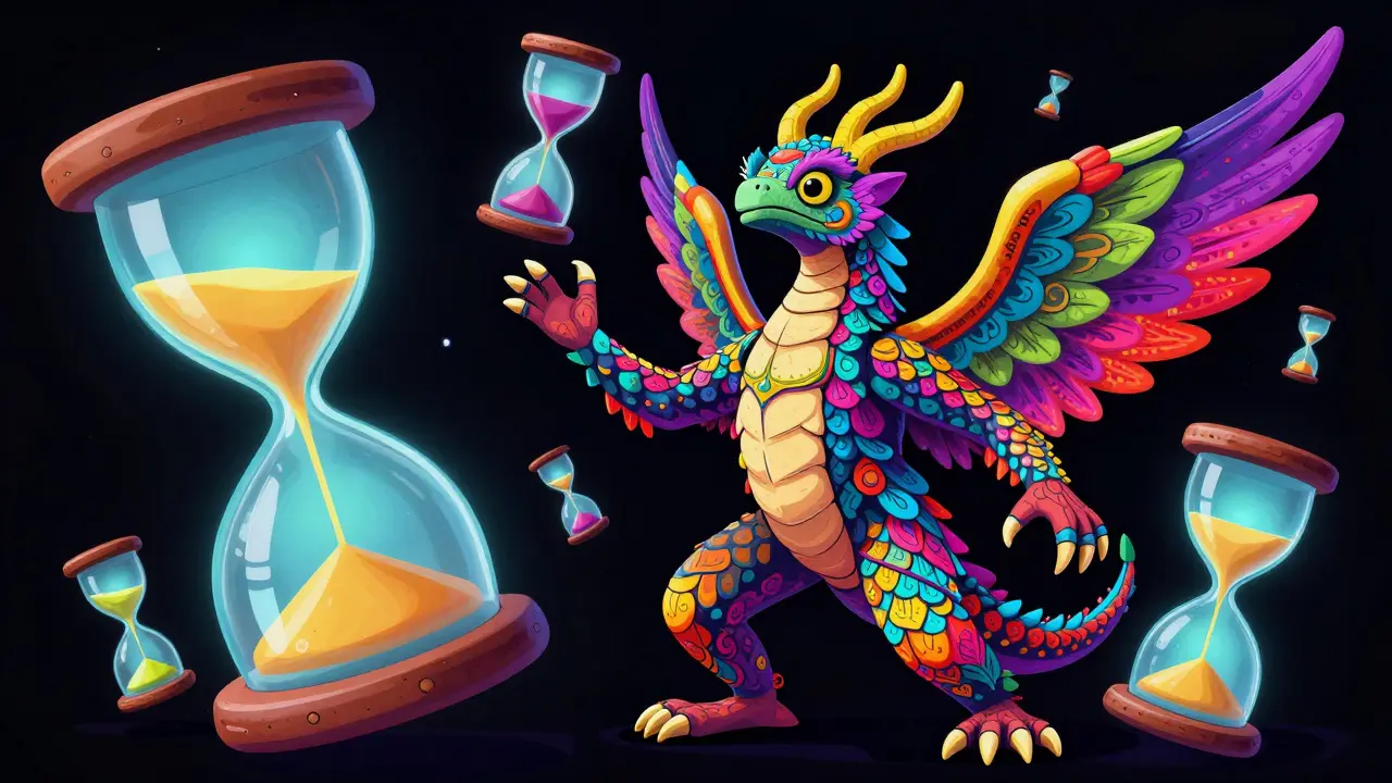 A vibrant Alebrije creature juggling colorful hourglasses of different sizes.