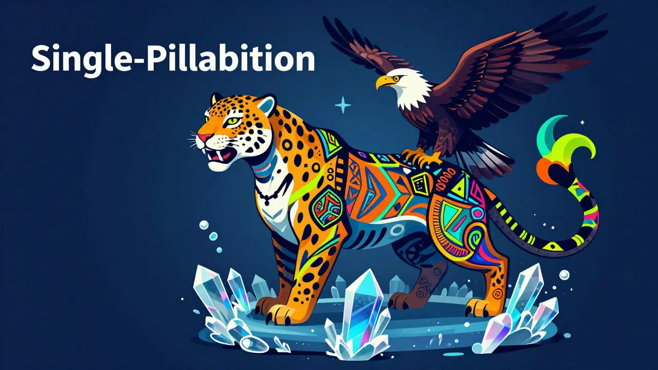 A vibrant, multi-animal Alebrije creature symbolizing the unity of a single-pill combination medication.