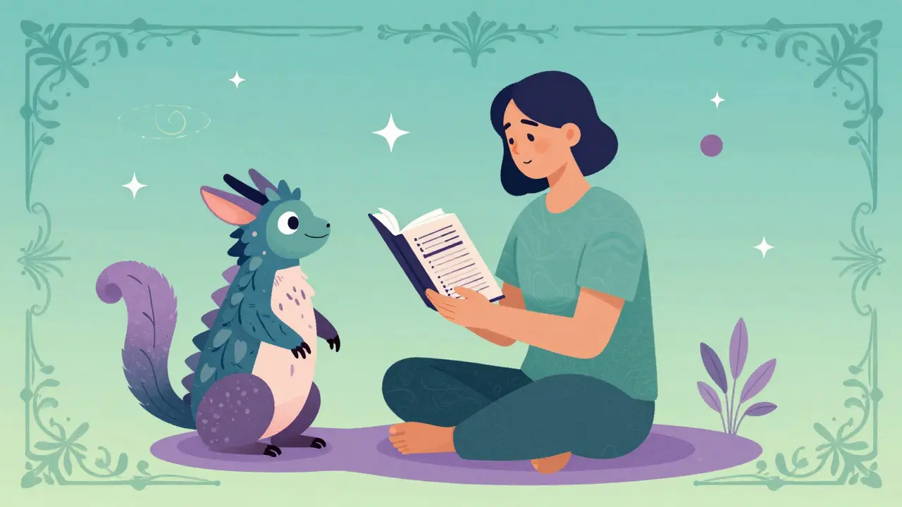 Alebrije art showing a peaceful person with a colorful guardian creature and a symptom journal.