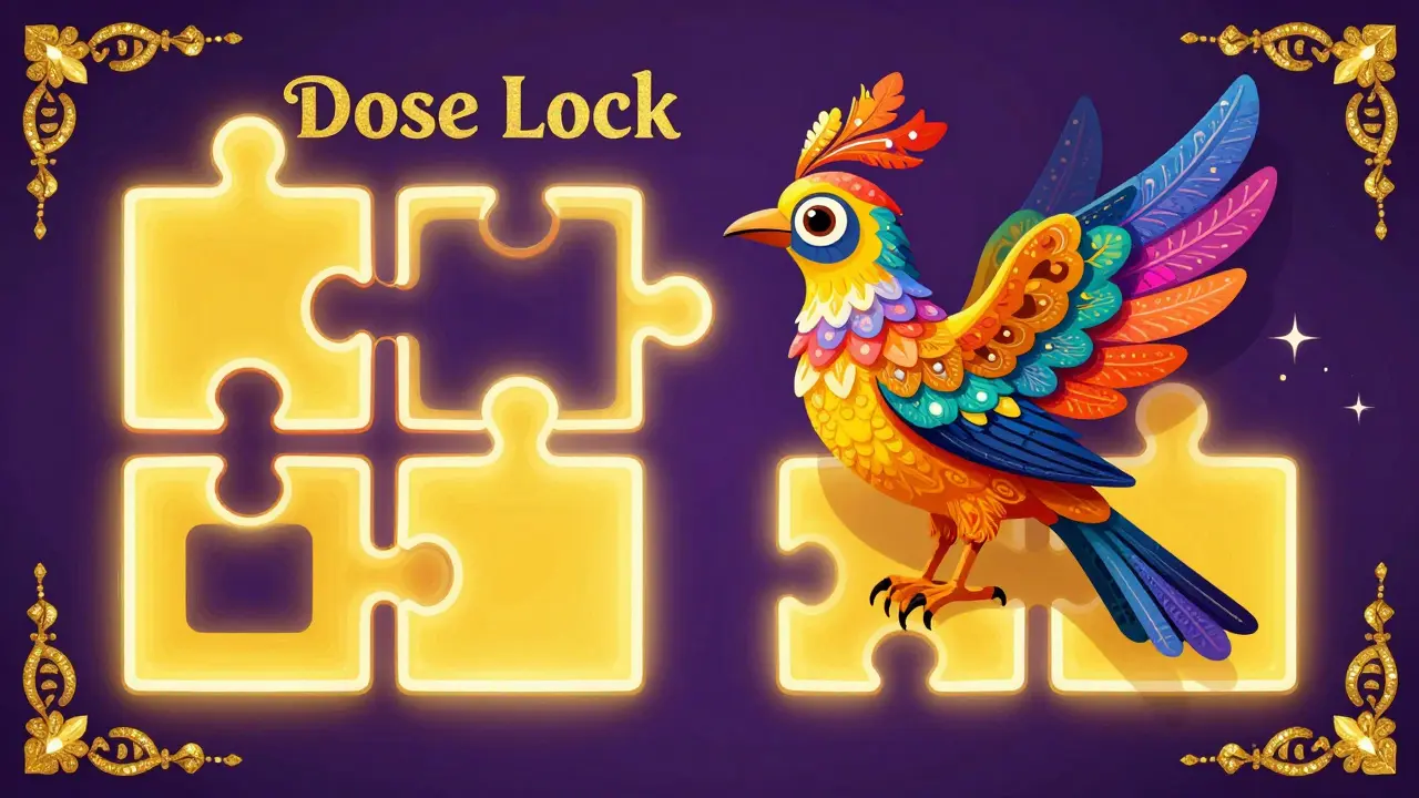 Alebrije style illustration of a colorful bird and geometric puzzle frames representing dose limitations.