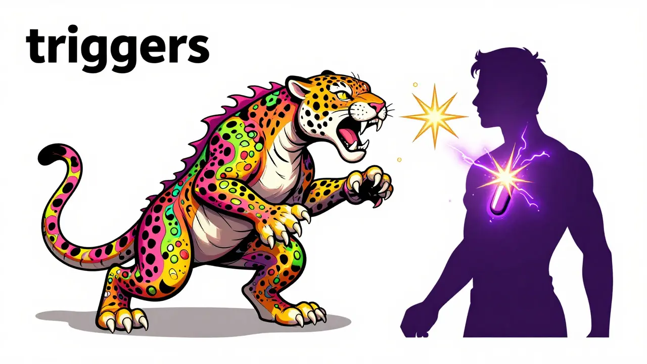 Alebrije style illustration of a vivid, hybrid creature emerging from a pill to symbolize medication triggers.