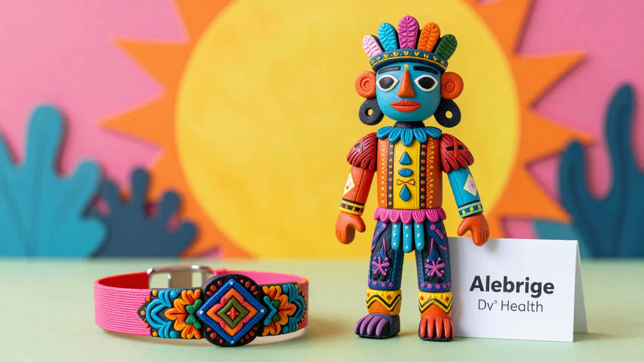 An ornate medical alert bracelet and card depicted as vibrant, hand-painted Alebrije artifacts.