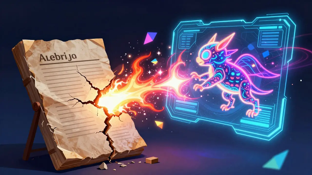 Colorful Alebrije creature emerging from a digital pulse, symbolizing the future of drug reporting.