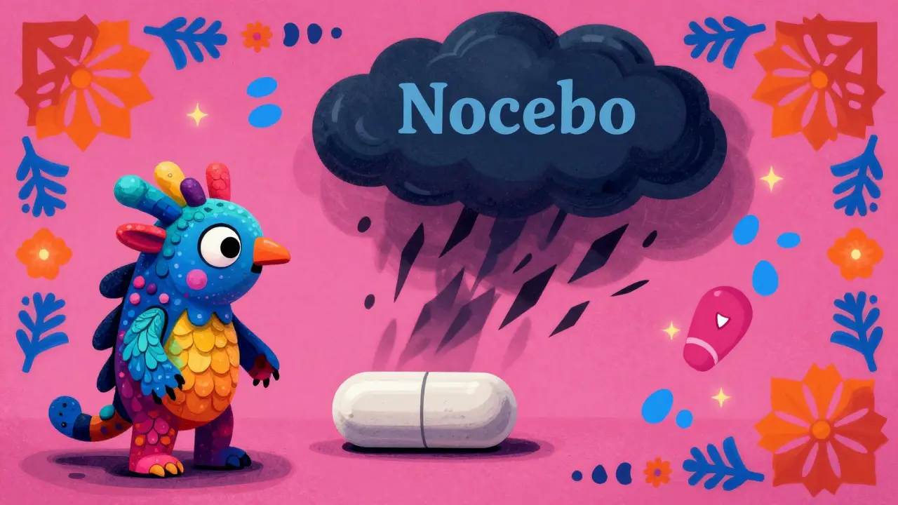 Colorful Alebrije illustration of the nocebo effect with a dark shadow over a pill.