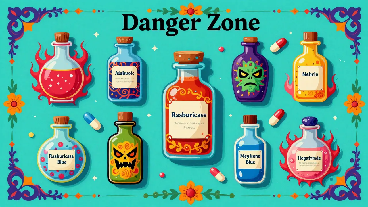 Colorful, mythical potion bottles and pills representing high-risk medications in folk art style.