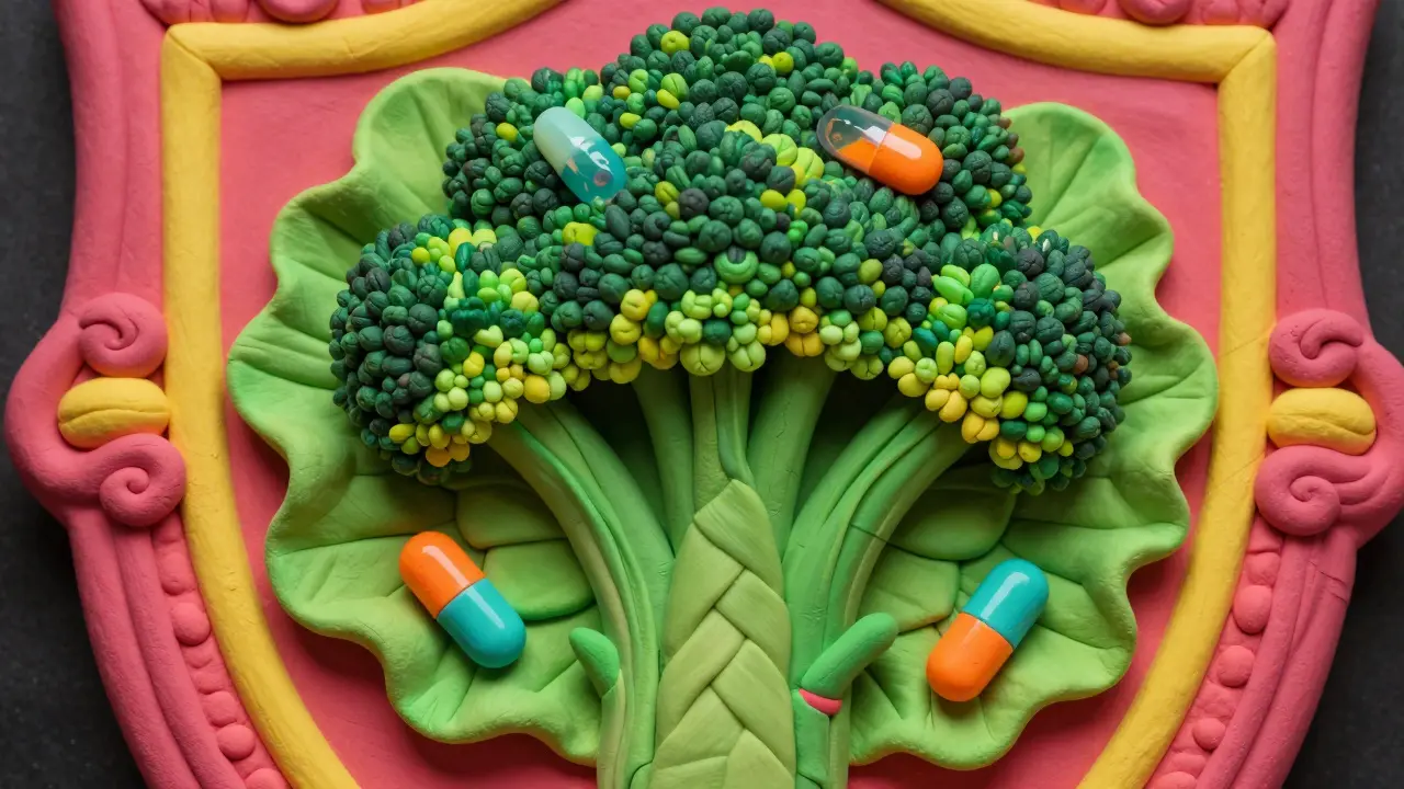 Detailed folk art ornament blending leafy greens and capsule shapes