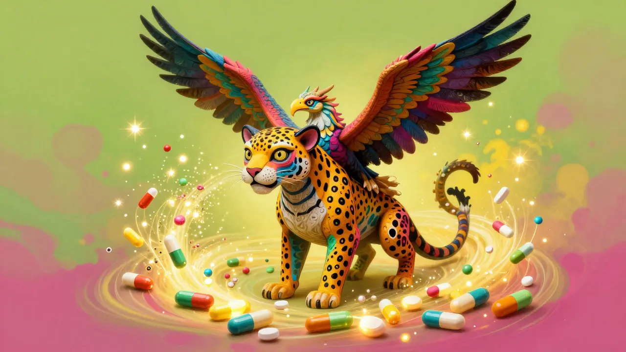 Fantastical Alebrije creature monitoring glowing medication tablets as a symbol of vigilance.