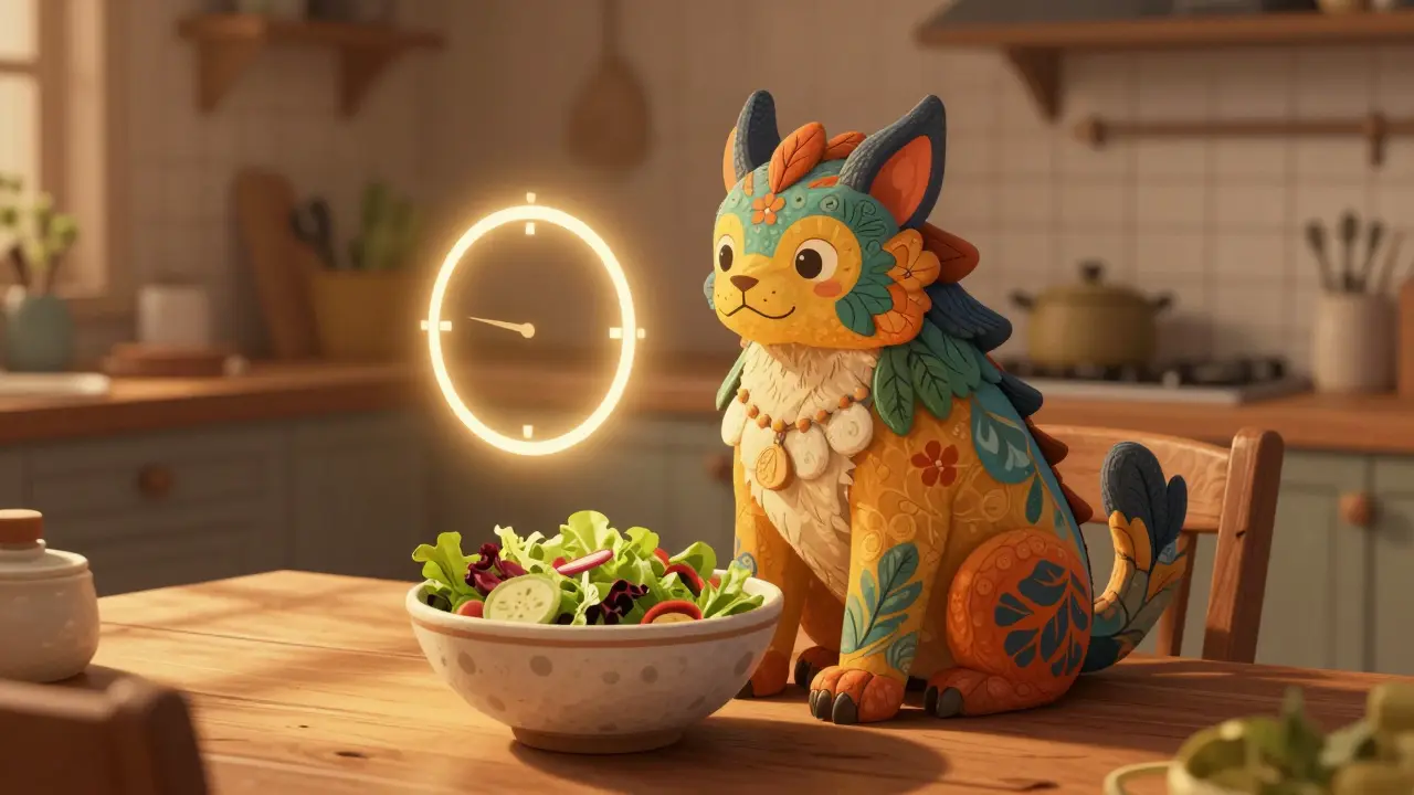 Fantasy animal eating vegetables in warm home interior scene