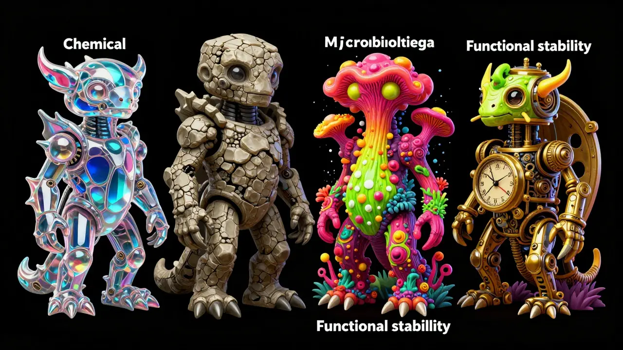 Four fantastical hybrid creatures representing the different types of product degradation.