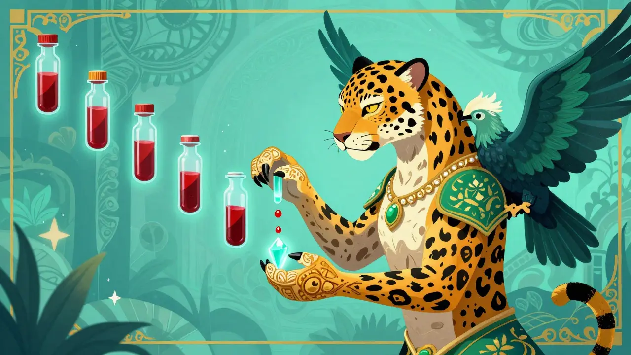 Guardian Alebrije creature monitoring blood vials and adjusting medication dosage