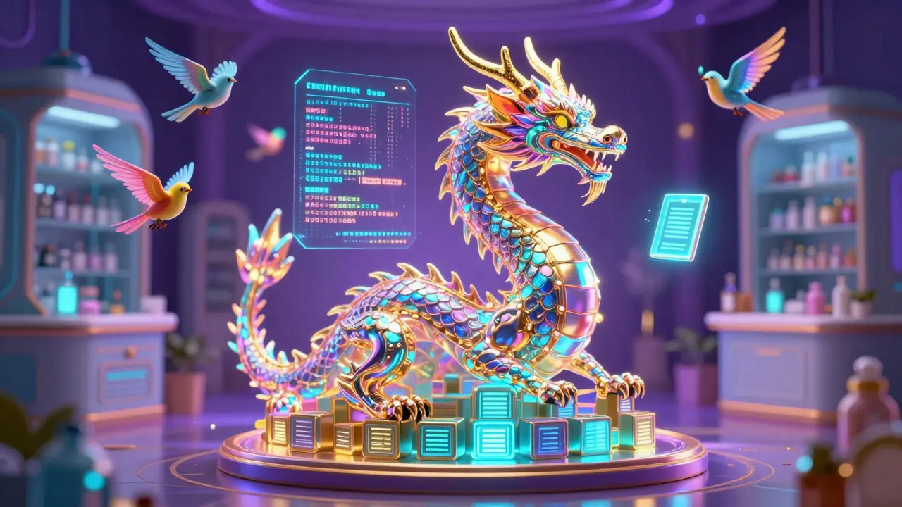 Iridescent data dragon symbolizing blockchain drug tracking in Alebrije art style