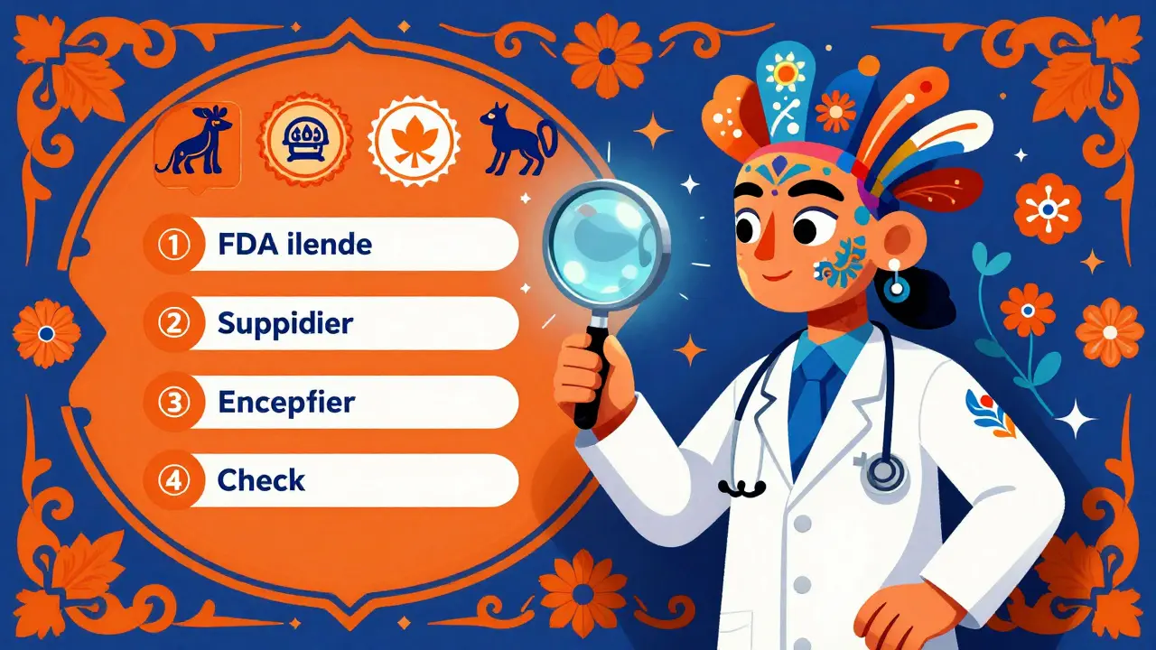 Stylized pharmacist using a magnifying glass to vet supplier certifications in Alebrije style