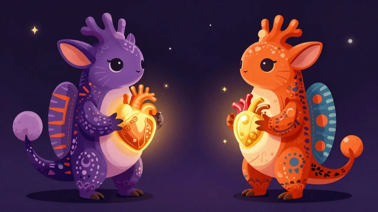 Two colorful Alebrije creatures with identical glowing cores representing brand and generic drug equivalence.