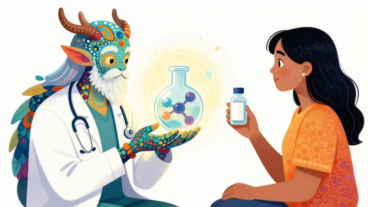 Vibrant Alebrije art of a doctor explaining the identical chemistry of medications.