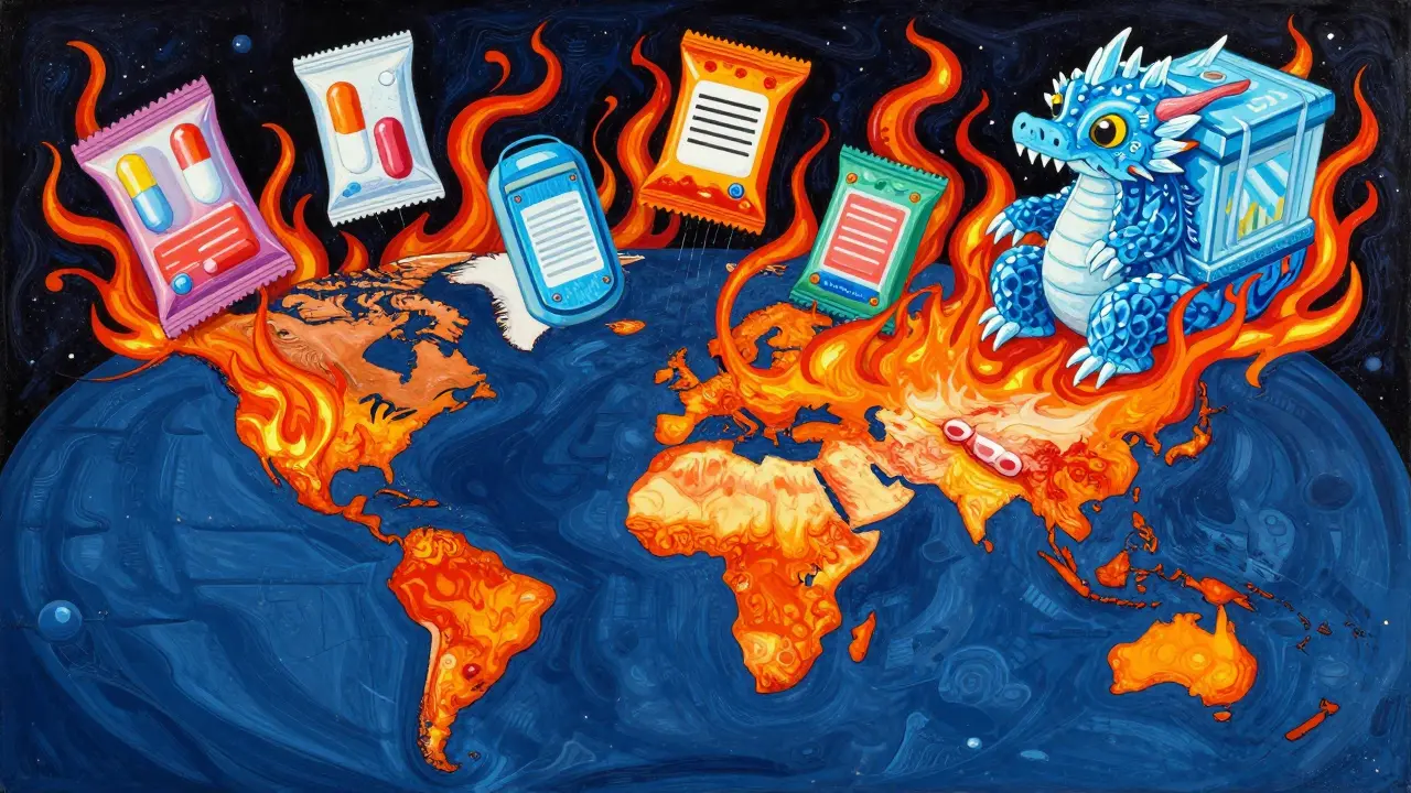 Vibrant Alebrije style map showing heat waves and protective medicine packaging.