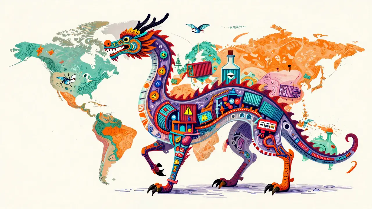 A mythical dragon-shaped supply chain connecting continents, showing global drug dependencies.