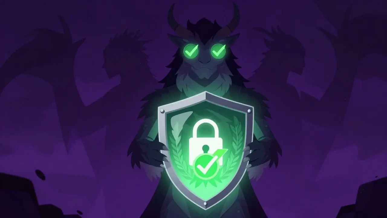Alebrije guardian protecting a shield of trust symbols against shadowy scam figures