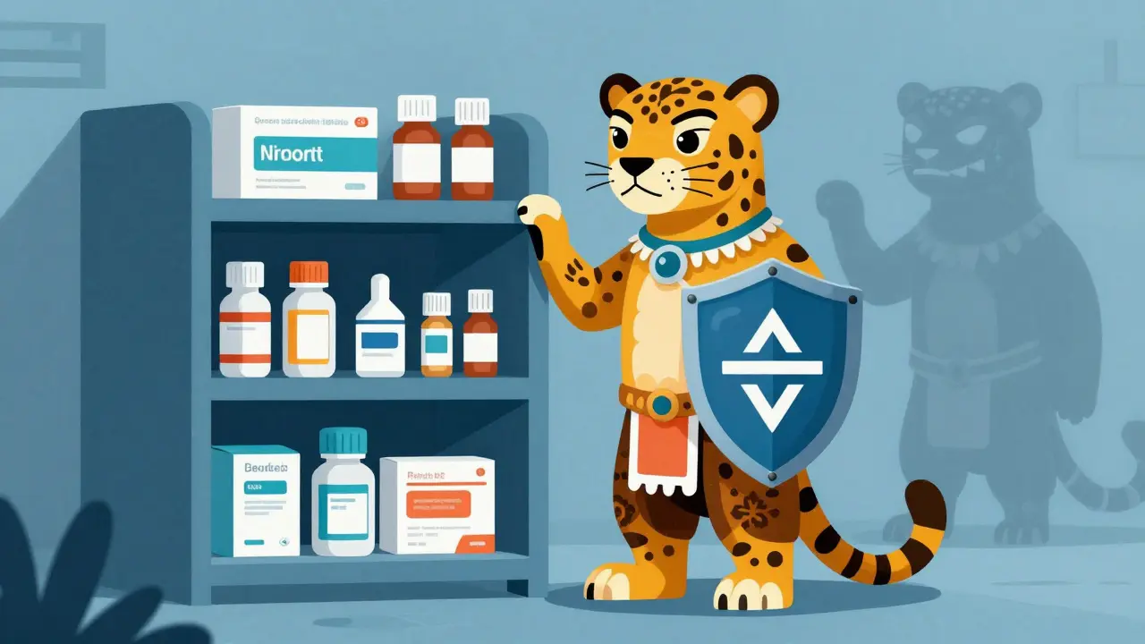 Alebrije guardian protecting stored medicine from counterfeits in a cool room.