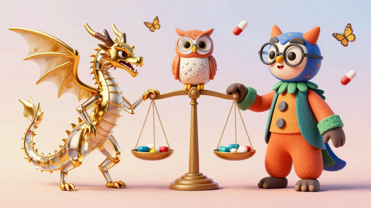 Alebrije style illustration comparing a gold brand drug dragon to a colorful generic counterpart.